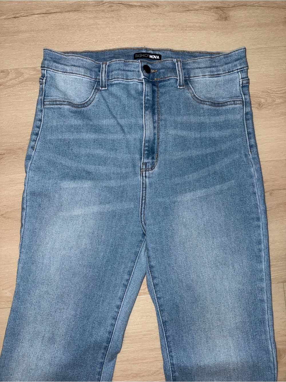 Fashion Nova Light Blue Two-Tone Flare Bell Bottom Jeans with Frayed Hem - Picture 2 of 8